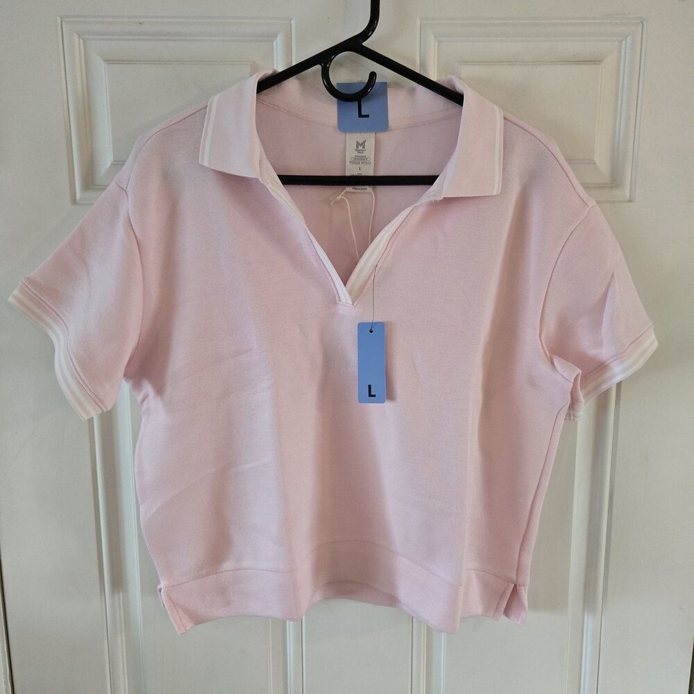 Member's Mark Women's Pique Polo Shirt Large Pink Sandwash Tipped Collar NWT